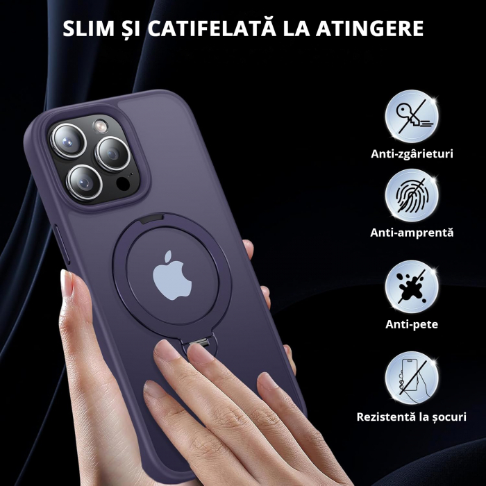 Husă magnetică iPhone 15 Pro Max MagSafe purple cu suport rotativ 360 grade și protecție militară, compatibilă cu încărcare wireless, design premium [6]