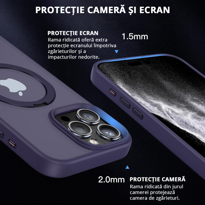 Husă magnetică iPhone 15 Pro MagSafe purple cu suport rotativ 360 grade și protecție militară, compatibilă cu încărcare wireless, design premium [2]