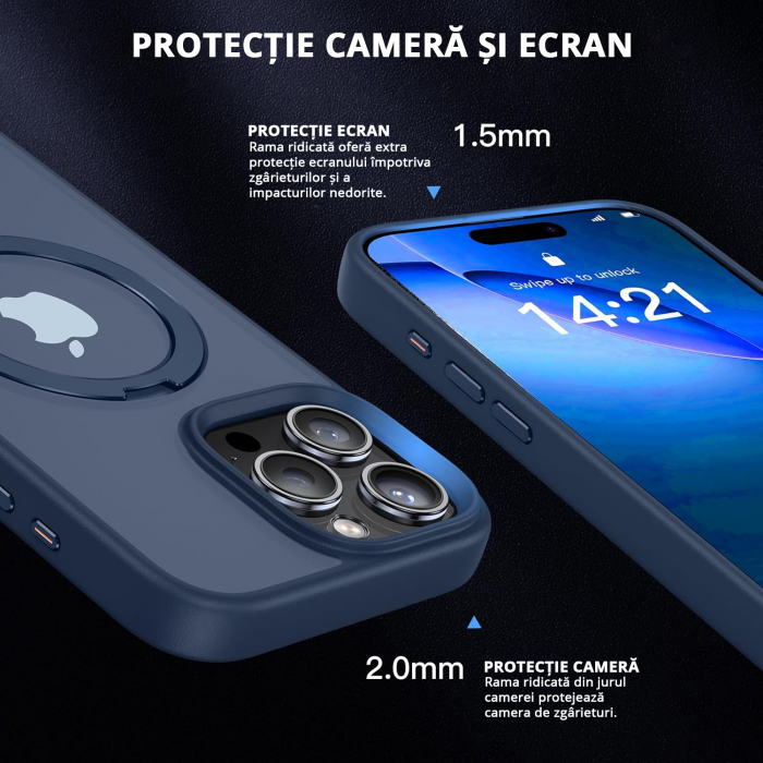Husă magnetică iPhone 16 Pro MagSafe bleumarin cu suport rotativ 360 grade și protecție militară, compatibilă cu încărcare wireless, design premium [2]