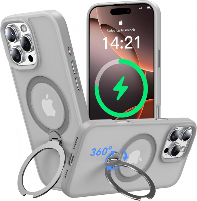 Husă magnetică iPhone 16 Pro MagSafe gri cu suport rotativ 360 grade și protecție militară, compatibilă cu încărcare wireless, design premium [1]