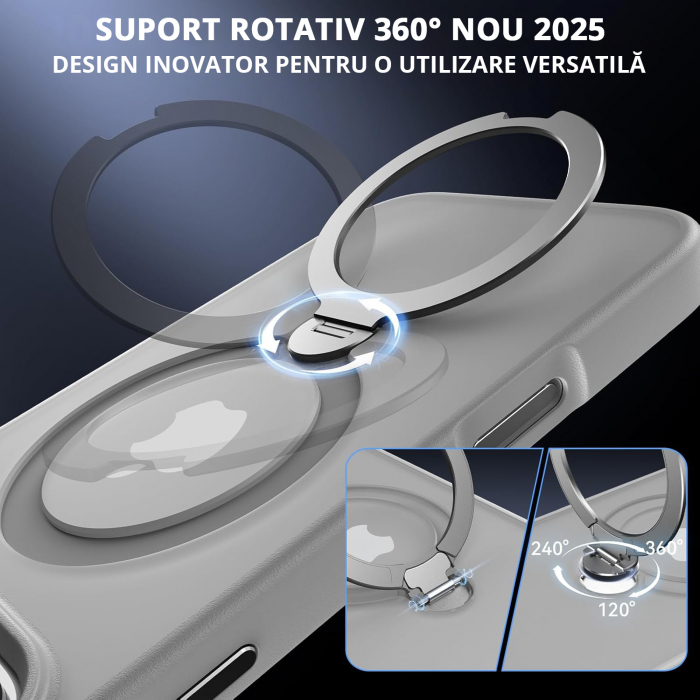 Husă magnetică iPhone 16 Pro MagSafe gri cu suport rotativ 360 grade și protecție militară, compatibilă cu încărcare wireless, design premium [5]