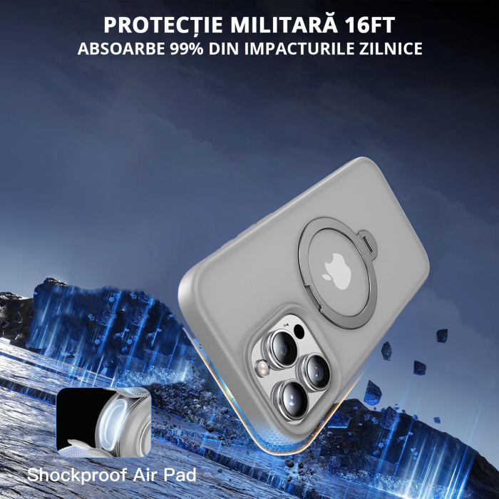 Husă magnetică iPhone 16 Pro MagSafe gri cu suport rotativ 360 grade și protecție militară, compatibilă cu încărcare wireless, design premium [3]