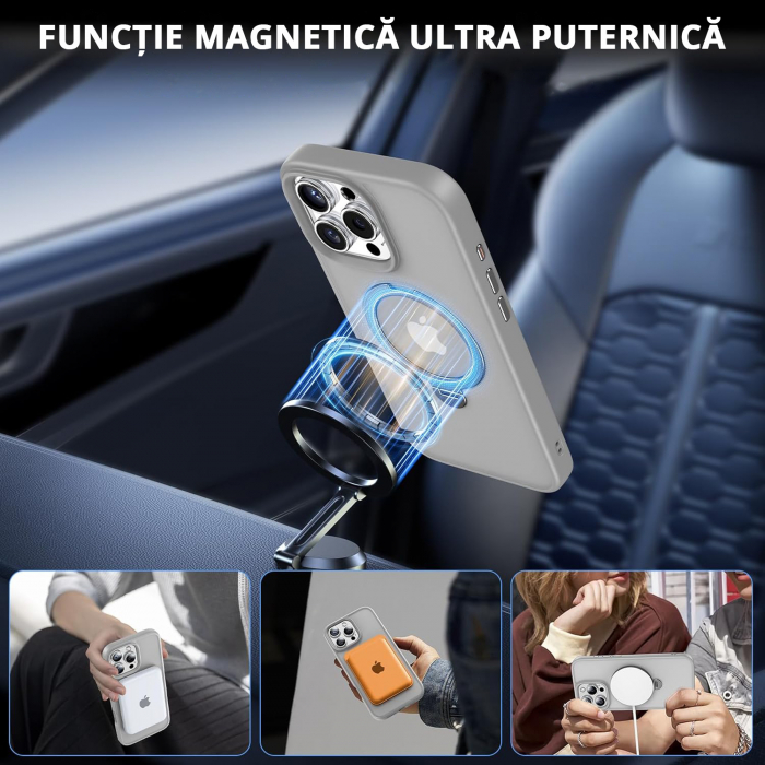 Husă magnetică iPhone 16 Pro MagSafe gri cu suport rotativ 360 grade și protecție militară, compatibilă cu încărcare wireless, design premium [4]