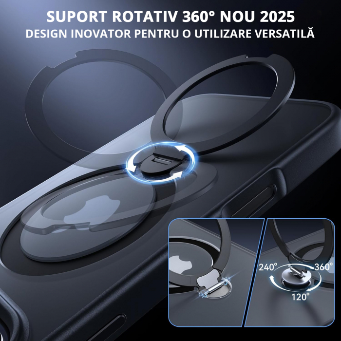 Husă magnetică iPhone 16 Pro MagSafe neagră cu suport rotativ 360 grade și protecție militară, compatibilă cu încărcare wireless, design premium [5]