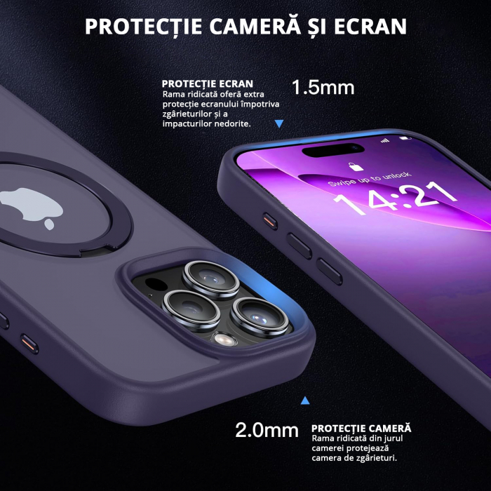 Husă magnetică iPhone 16 Pro MagSafe purple cu suport rotativ 360 grade și protecție militară, compatibilă cu încărcare wireless, design premium [2]