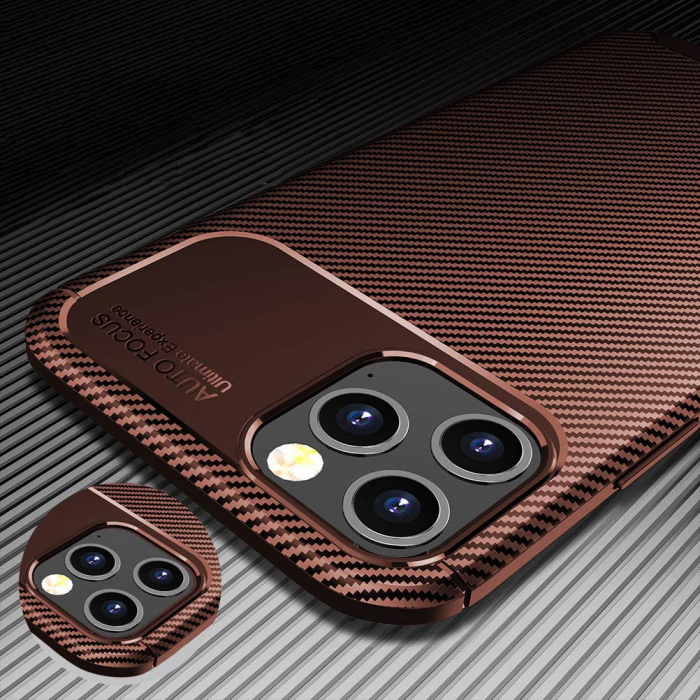 Husa pentru IPhone 12 / 12 PRO, fibra de carbon, Slim Antisoc, carcasa spate, Focus, Maro [7]