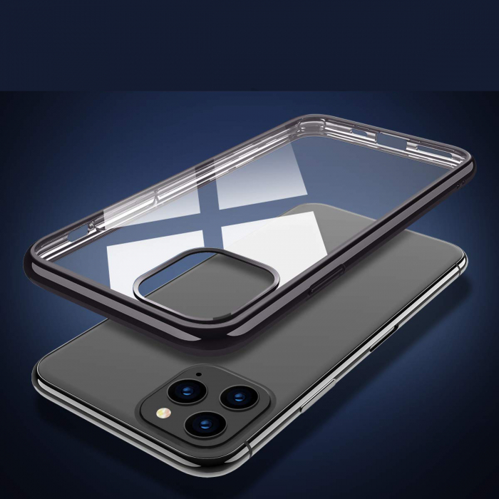 Husa pentru  iPhone 12 / 12 PRO, Silicon ultraslim, cu spate transparent si cadru, Negru [5]