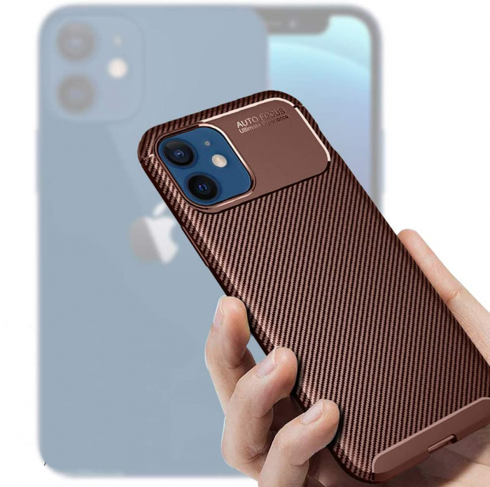 Husa pentru IPhone 12 MINI, fibra de carbon, Slim Antisoc, carcasa spate, Focus, Maro [6]