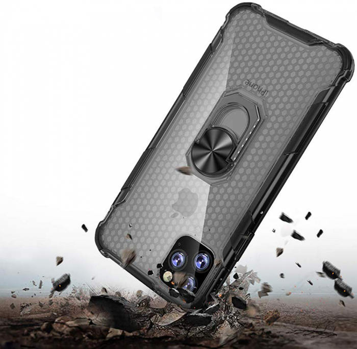 Husa pentru IPhone 12 MINI, Hybrid Antisoc, carcasa cu bumper, inel rotativ 360 si Kickstand, Negru [4]