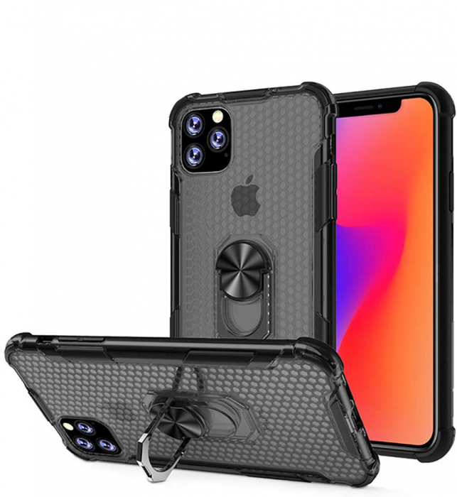 Husa pentru IPhone 12 MINI, Hybrid Antisoc, carcasa cu bumper, inel rotativ 360 si Kickstand, Negru [2]