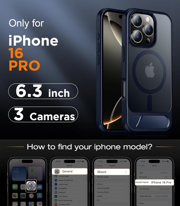 Husă pentru iPhone 16 Pro, MagSafe, Protecție standard Militar, cu Suport Metalic Încorporat, Blue [2]