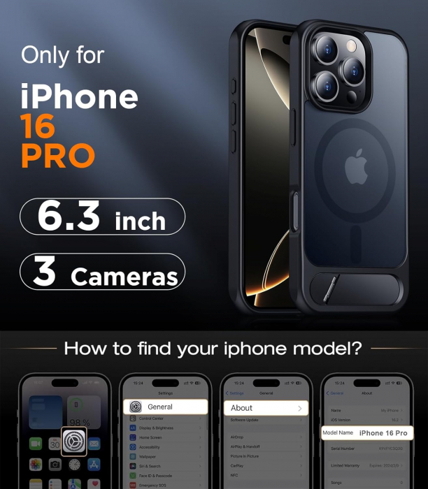 Husă pentru iPhone 16 Pro, MagSafe, Protecție standard Militar, cu Suport Metalic Încorporat, Negru [2]