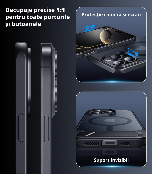 Husă pentru iPhone 16 Pro, MagSafe, Protecție standard Militar, cu Suport Metalic Încorporat, Negru [3]