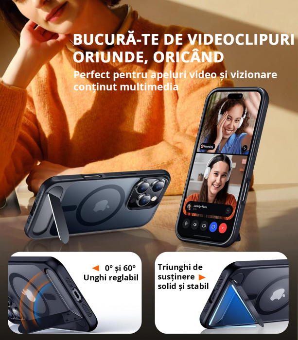 Husă pentru iPhone 16 Pro, MagSafe, Protecție standard Militar, cu Suport Metalic Încorporat, Negru [6]