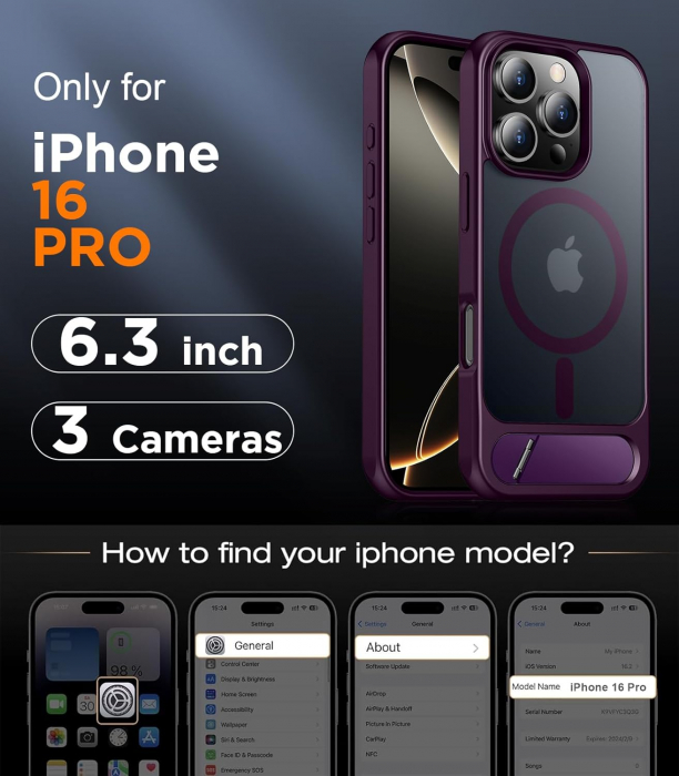 Husă pentru iPhone 16 Pro, MagSafe, Protecție standard Militar, cu Suport Metalic Încorporat, Purple [2]