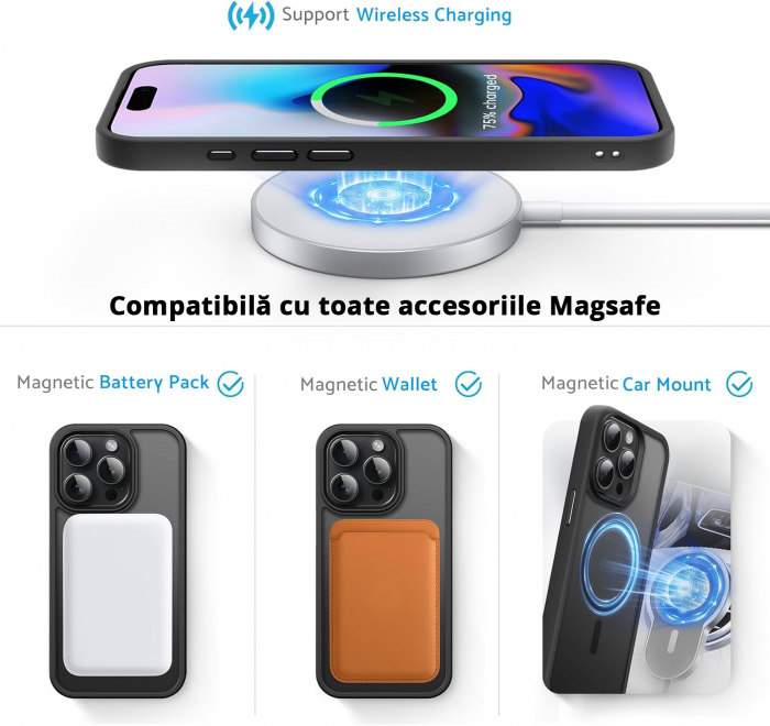 Husă pentru IPhone 16 PRO, MagSafe, ultra slim, Antișoc, Negru [5]