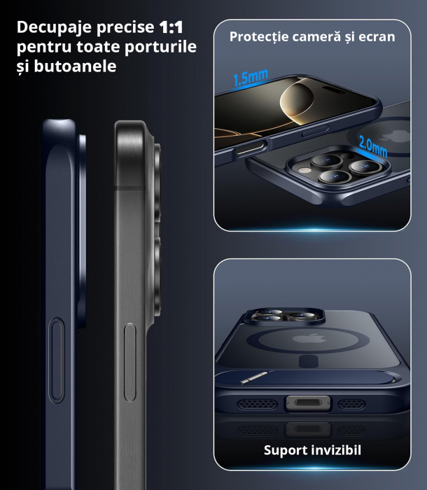 Husă pentru iPhone 16 Pro Max, MagSafe, Protecție standard Militar, cu Suport Metalic Încorporat, Blue [3]