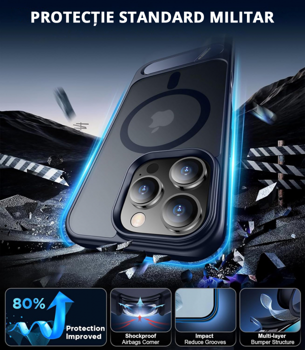 Husă pentru iPhone 16 Pro Max, MagSafe, Protecție standard Militar, cu Suport Metalic Încorporat, Blue [4]