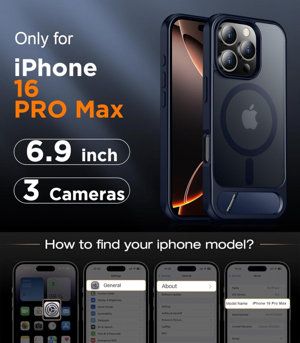 Husă pentru iPhone 16 Pro Max, MagSafe, Protecție standard Militar, cu Suport Metalic Încorporat, Blue [2]