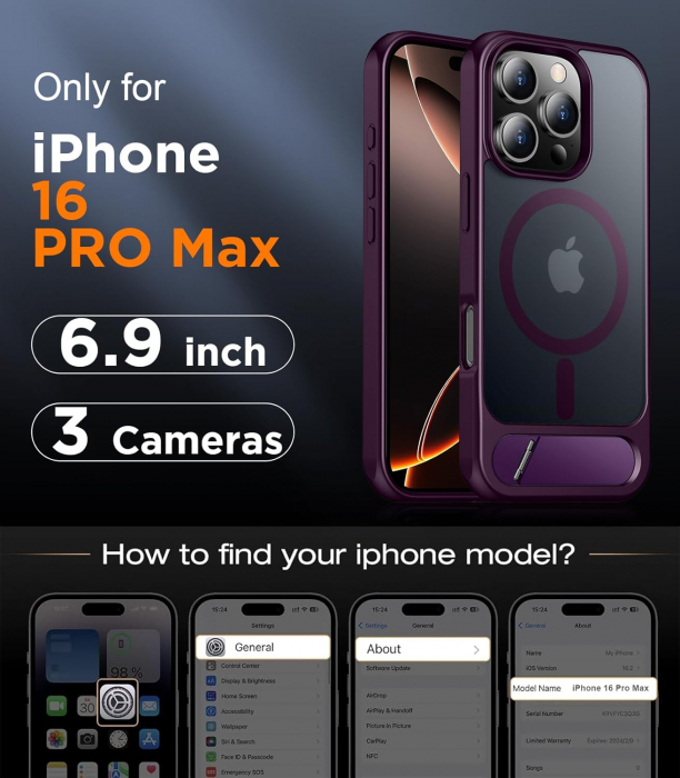Husă pentru iPhone 16 Pro Max, MagSafe, Protecție standard Militar, cu Suport Metalic Încorporat, Purple [2]