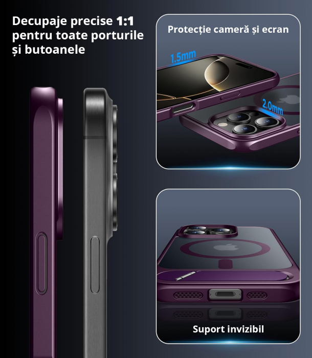 Husă pentru iPhone 16 Pro Max, MagSafe, Protecție standard Militar, cu Suport Metalic Încorporat, Purple [4]