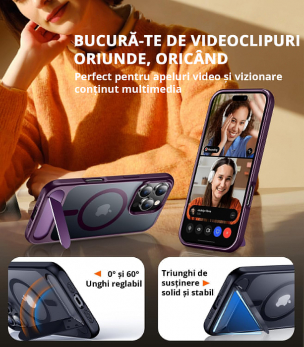 Husă pentru iPhone 16 Pro Max, MagSafe, Protecție standard Militar, cu Suport Metalic Încorporat, Purple [6]