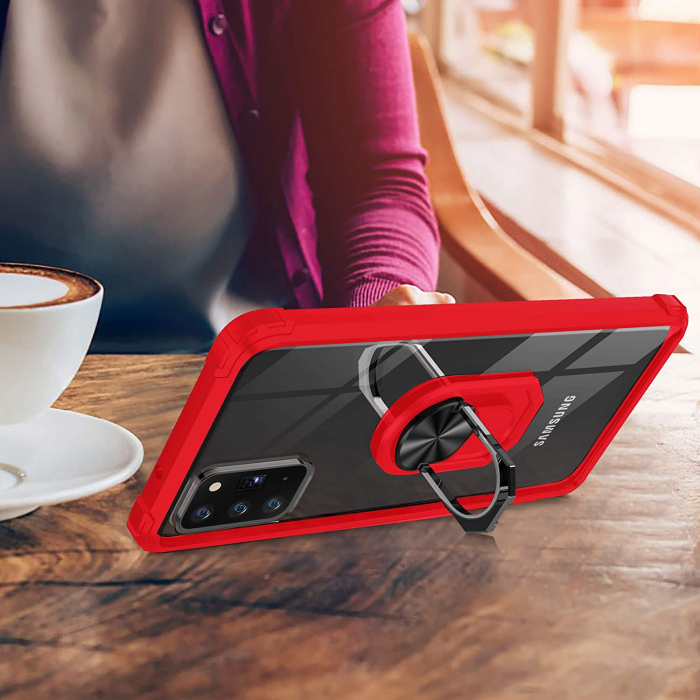 Husa pentru Samsung Galaxy NOTE 20, Hybrid Antisoc, carcasa cu bumper, inel rotativ 360 si Kickstand, Rosu [5]
