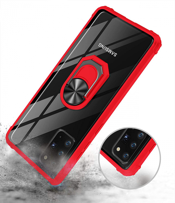 Husa pentru Samsung Galaxy NOTE 20, Hybrid Antisoc, carcasa cu bumper, inel rotativ 360 si Kickstand, Rosu [3]