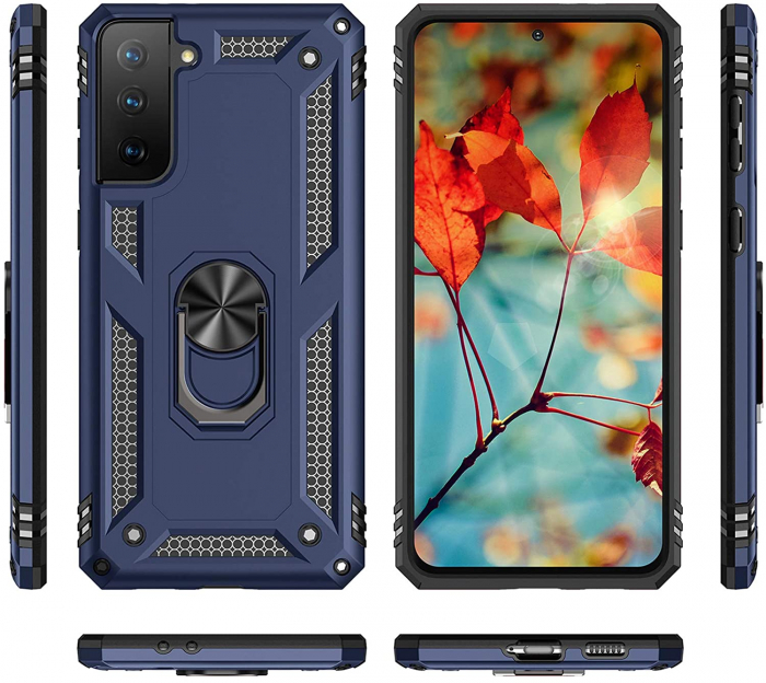 Husa pentru Samsung Galaxy S21 FE, Hybrid Antisoc, carcasa cu inel rotativ 360 si Kickstand, Blue [2]