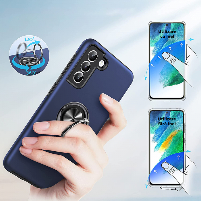 Husă pentru Samsung Galaxy S21 FE, inel multifuncțional 360°, Protecție Militară Antișoc, Blue [6]