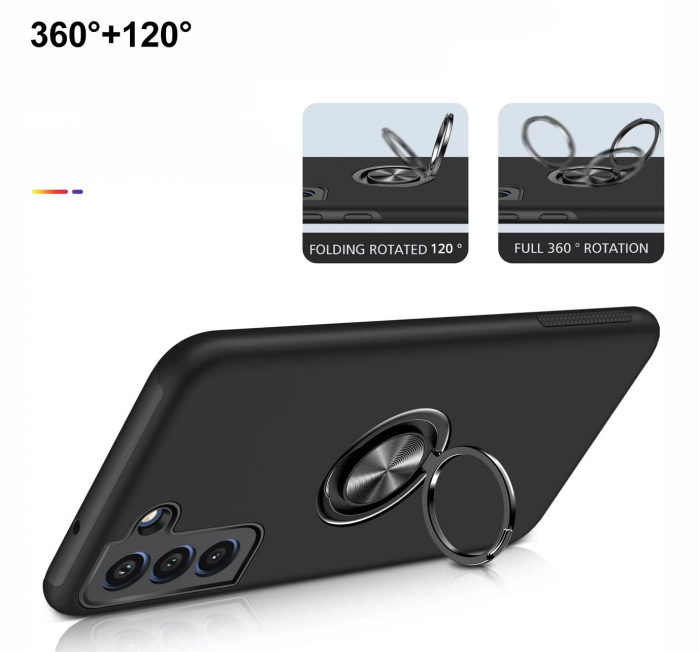 Husă pentru Samsung Galaxy S21 FE, inel multifuncțional 360°, Protecție Militară Antișoc, Negru [5]