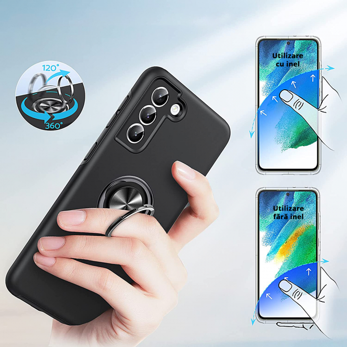 Husă pentru Samsung Galaxy S21 FE, inel multifuncțional 360°, Protecție Militară Antișoc, Negru [6]