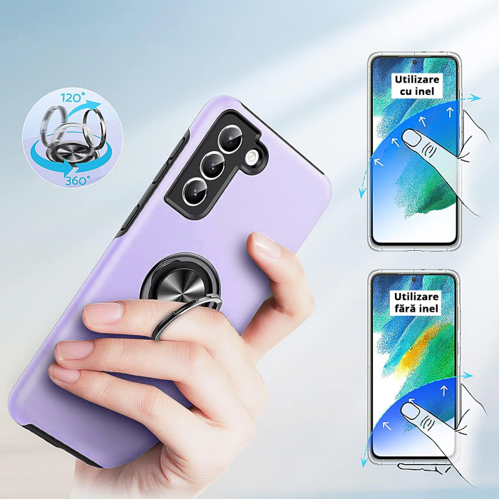 Husă pentru Samsung Galaxy S21 FE, inel multifuncțional 360°, Protecție Militară Antișoc, Purple [6]