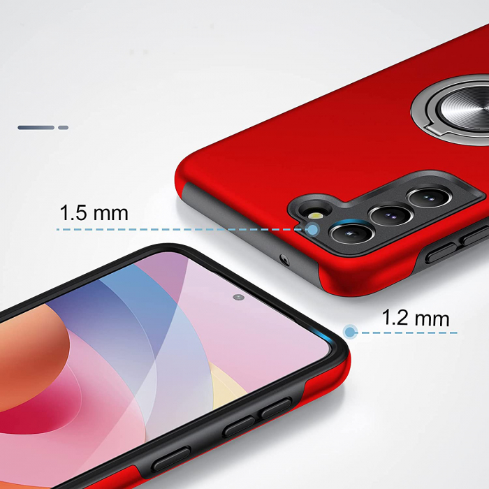 Husă pentru Samsung Galaxy S21 FE, inel multifuncțional 360°, Protecție Militară Antișoc, Roșu [2]
