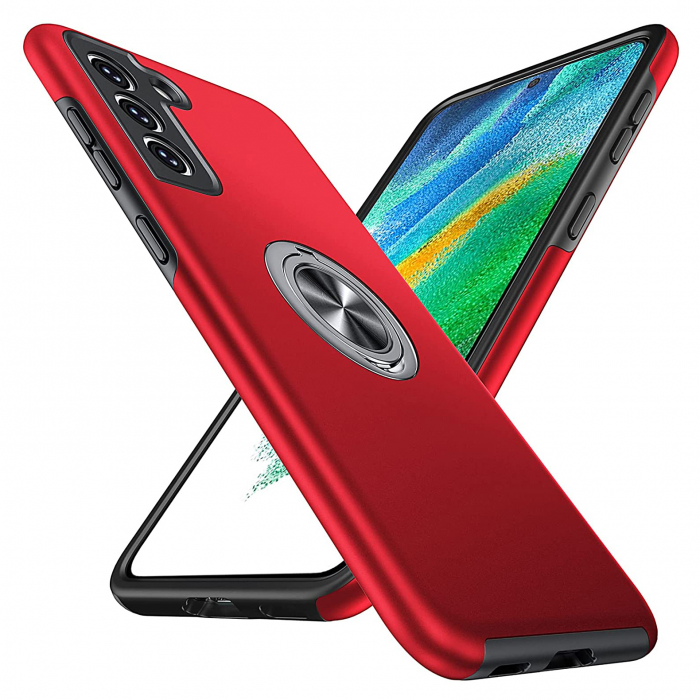 Husă pentru Samsung Galaxy S21 FE, inel multifuncțional 360°, Protecție Militară Antișoc, Roșu [1]