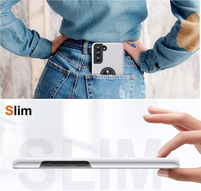 Husă pentru Samsung Galaxy S21 FE, inel multifuncțional 360°, Protecție Militară Antișoc, Silver [7]