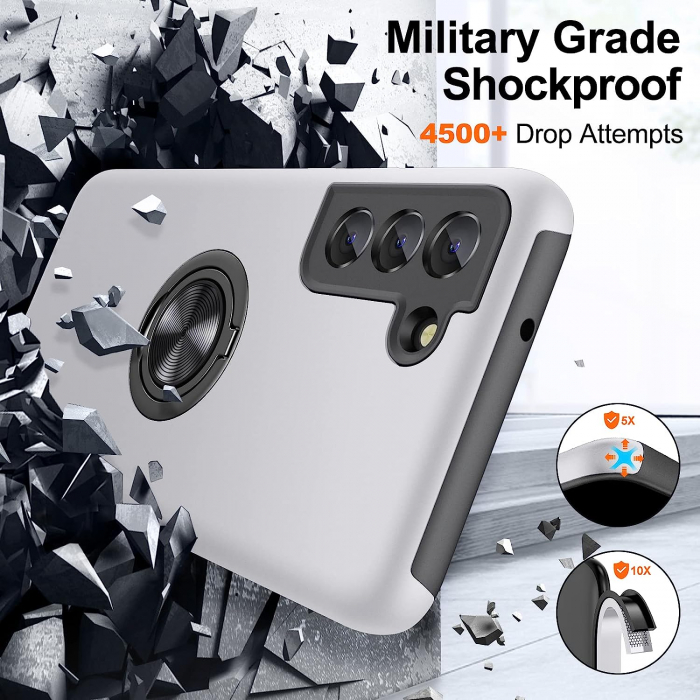 Husă pentru Samsung Galaxy S21 FE, inel multifuncțional 360°, Protecție Militară Antișoc, Silver [4]