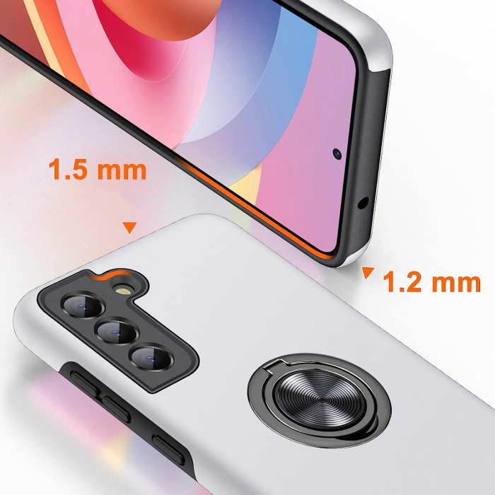 Husă pentru Samsung Galaxy S21 FE, inel multifuncțional 360°, Protecție Militară Antișoc, Silver [2]