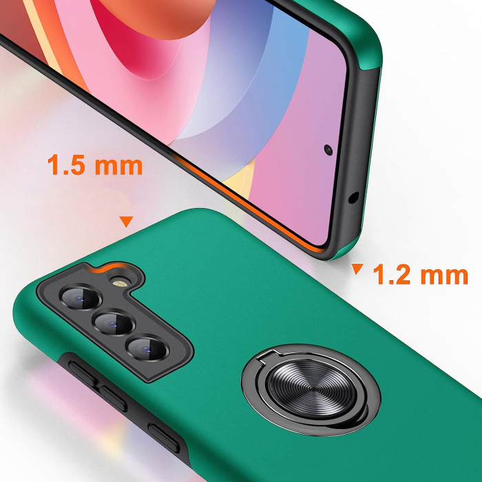 Husă pentru Samsung Galaxy S21 FE, inel multifuncțional 360°, Protecție Militară Antișoc, Verde [2]
