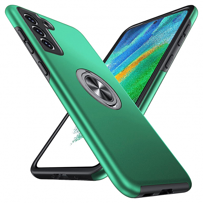 Husă pentru Samsung Galaxy S21 FE, inel multifuncțional 360°, Protecție Militară Antișoc, Verde [1]