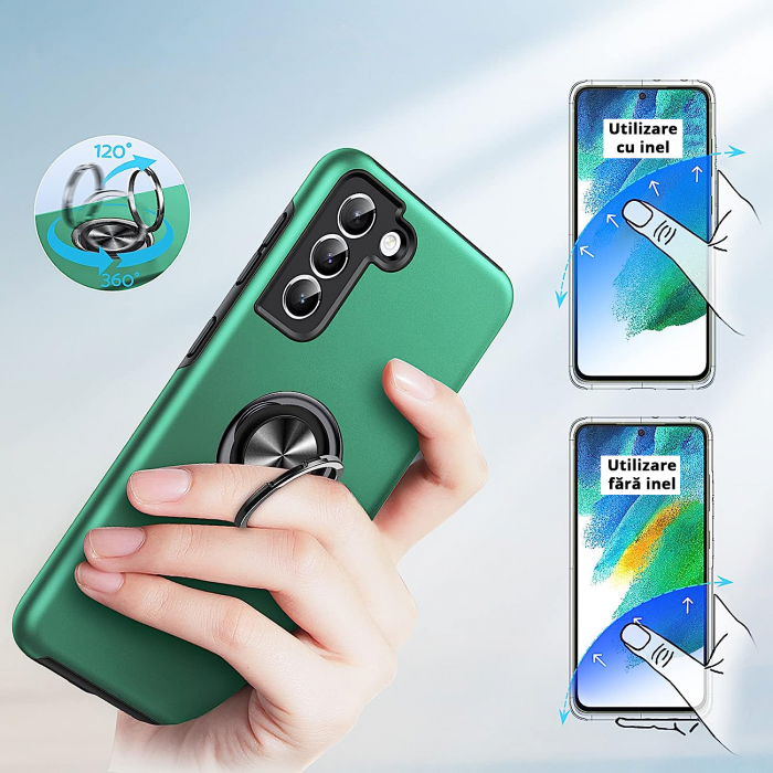 Husă pentru Samsung Galaxy S21 FE, inel multifuncțional 360°, Protecție Militară Antișoc, Verde [6]