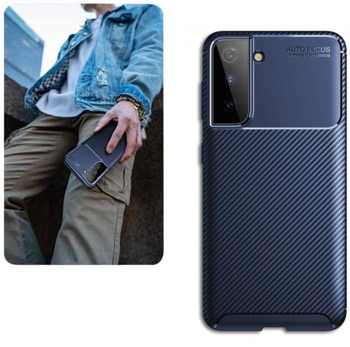 Husa pentru Samsung Galaxy S21 PLUS, fibra de carbon, Slim Antisoc, carcasa spate, Focus, Blue [3]