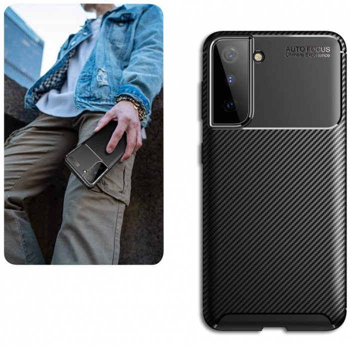 Husa pentru Samsung Galaxy S21 PLUS, fibra de carbon, Slim Antisoc, carcasa spate, Focus, Negru [4]