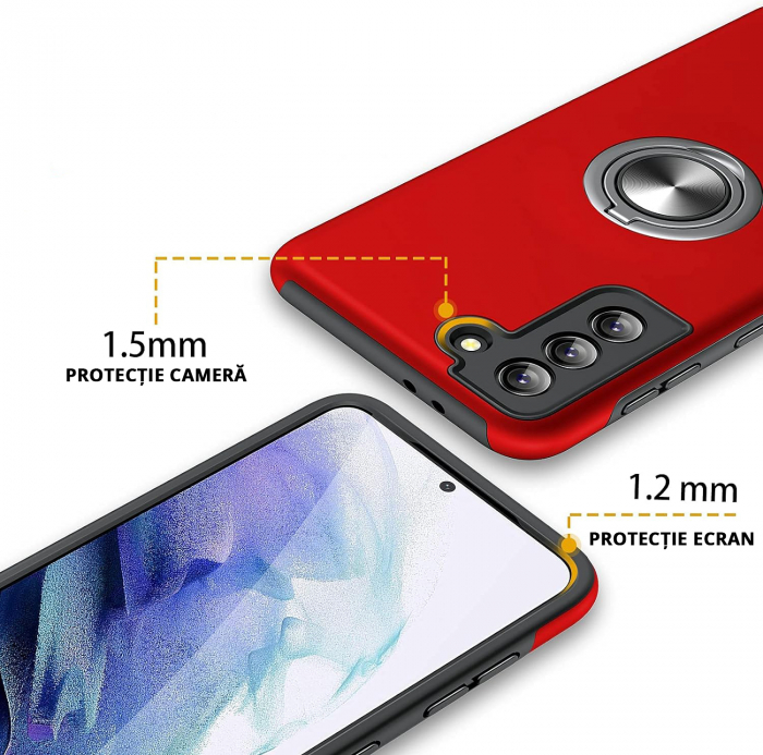 Husă pentru Samsung Galaxy S21, inel multifuncțional 360°, Protecție Militară Antișoc, Roșu [3]