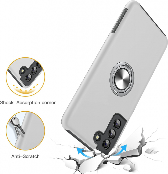 Husă pentru Samsung Galaxy S21, inel multifuncțional 360°, Protecție Militară Antișoc, Silver [4]