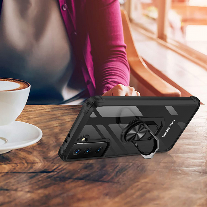 Husa pentru Samsung Galaxy S21 PLUS, Hybrid Antisoc, carcasa cu bumper, inel rotativ 360 si Kickstand, Negru [3]