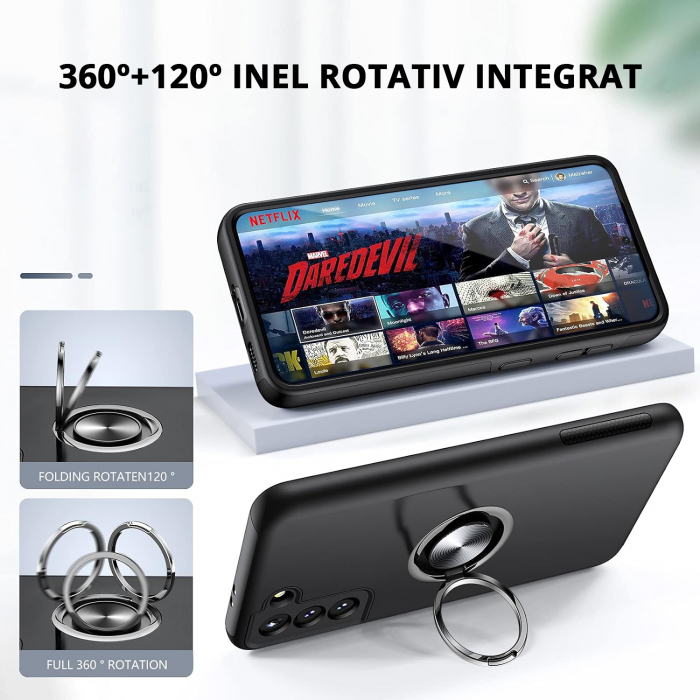 Husă pentru Samsung Galaxy S21 PLUS, inel multifuncțional 360°, Protecție Militară Antișoc, Negru [5]