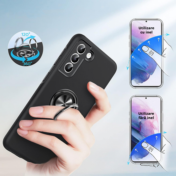 Husă pentru Samsung Galaxy S21 PLUS, inel multifuncțional 360°, Protecție Militară Antișoc, Negru [7]
