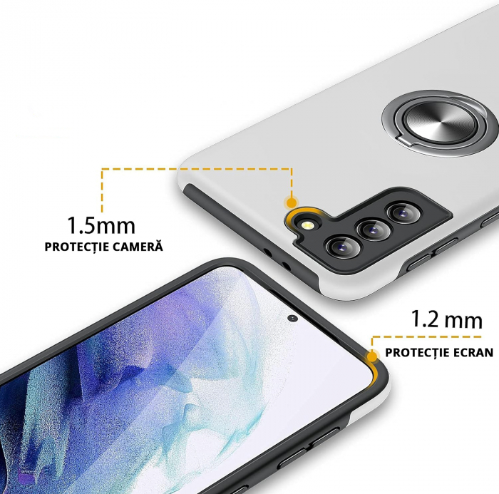 Husă pentru Samsung Galaxy S21 PLUS, inel multifuncțional 360°, Protecție Militară Antișoc, Silver [3]