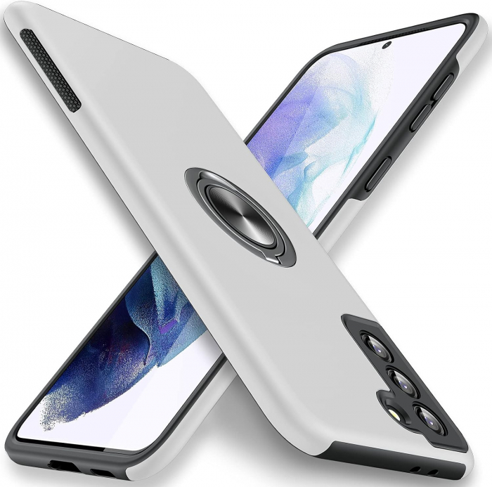 Husă pentru Samsung Galaxy S21 PLUS, inel multifuncțional 360°, Protecție Militară Antișoc, Silver [1]